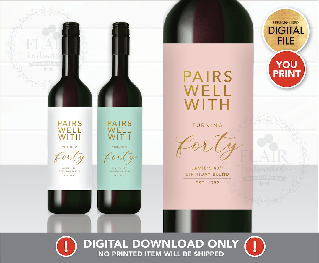 Pairs Well With Wine Label PRINTABLE Personalized Age Champagne Label, Custom Minimalist