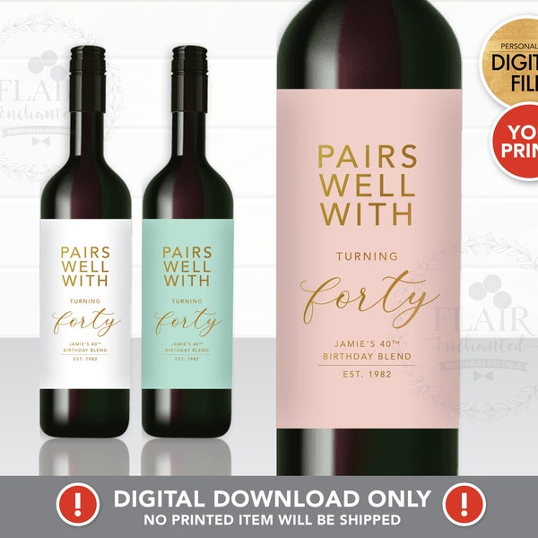 Pairs Well With Wine Label PRINTABLE - Personalized Age | Champagne Label, Custom Minimalist Typography Wine Label