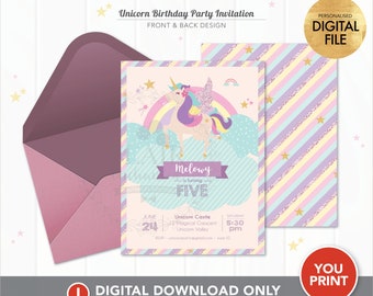 DIGITAL Unicorn Rainbow Birthday Invitation, Invito personalizzato, Forniture per feste unicorno personalizzate