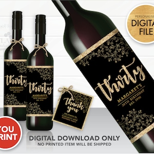 Rose Gold & Black Milestone Age Birthday Wine Label PRINTABLE , Personalized Wine Label, Thirty Forty Fifty, 30th Birthday Party Supply