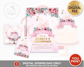 May include: Pink and gold baby shower invitation with a swan design and floral accents. The invitation says "Baby Shower honoring Rebecca Thompson" and includes the date, time, and location of the event. RSVP information is also included.