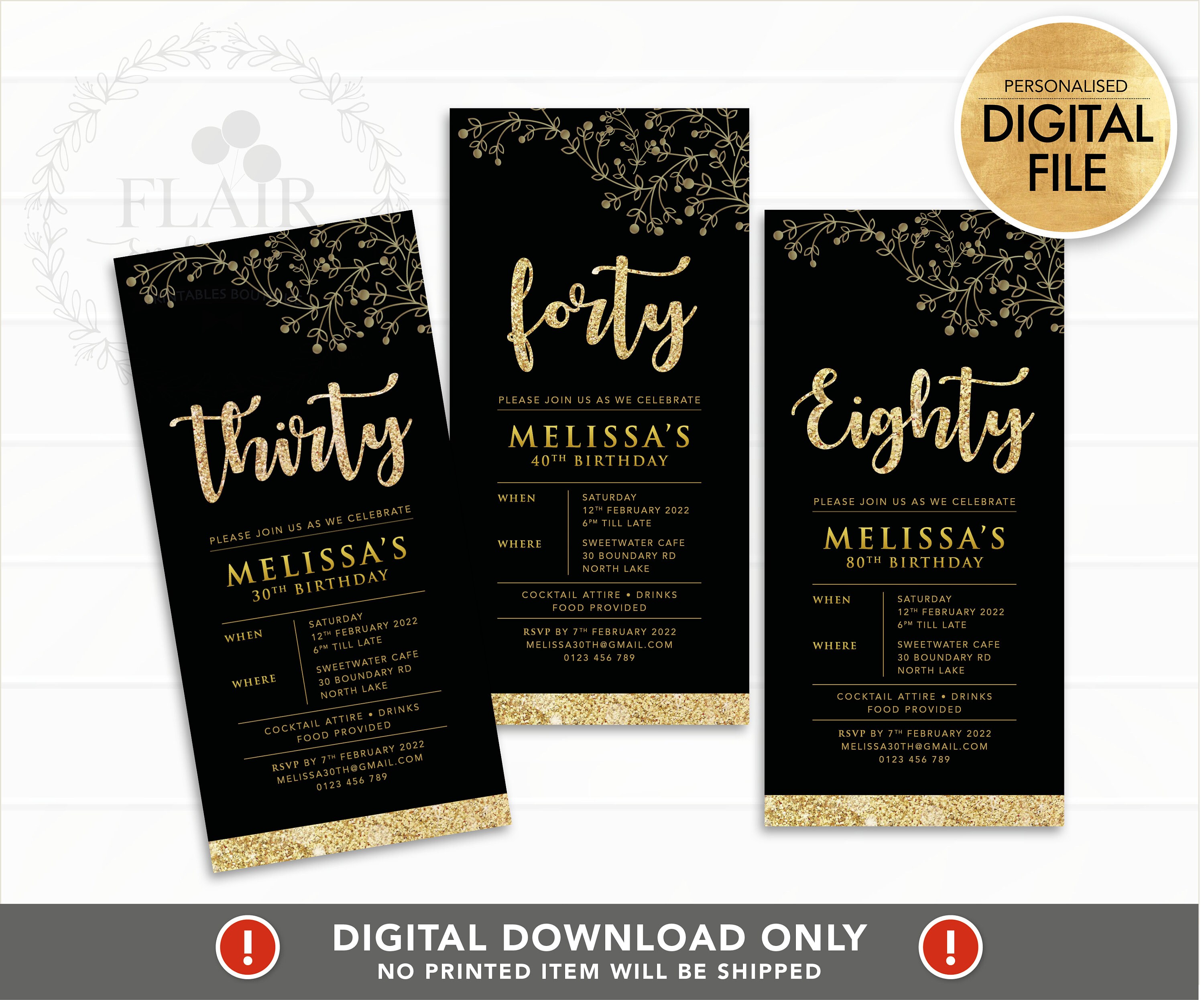 Milestone Age Birthday Invitation PRINTABLE, Black Rose Gold ...