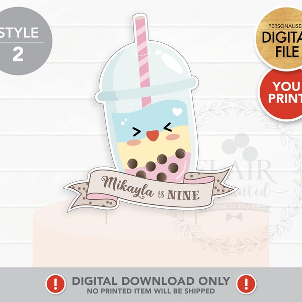 Unicorn Boba Bubble Milk Tea Personalized Cake Topper (Printable digital file only)