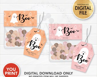 DIGITAL Halloween Favor Bag Topper, Favor Tag, Gift Tag, Boo, Cute Halloween Ghost, Orange Pink Personalised Halloween Favor Printable