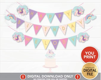 Unicorn Rainbow Bunting Flag Banner PRINTABLE, Unicorn Pony Party Decoration, Custom Party Decor Bunting, Personalized Unicorn Party Supply