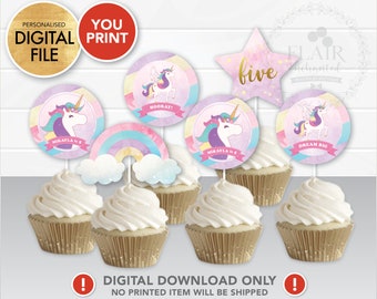 DIGITAL Unicorn Cupcake Topper, Rainbow Cake Topper, Cake Decoration, Personalized Unicorn Party Supply