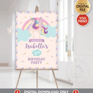 Cartel de bienvenida de fiesta de unicornio IMPRIMIBLE, cartel de bienvenida personalizado, cartel de cumpleaños, suministro de fiesta de unicornio