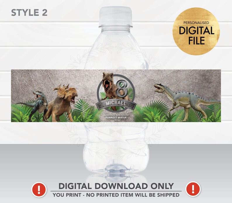 Dinosaur Water Bottle Label PRINTABLE, Personalised Dinosaur Jurassic ...