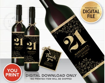 Rose Gold & Black Milestone Age Birthday Wine Label PRINTABLE, Personalized Wine Gift Label, 21st Birthday Party Supply
