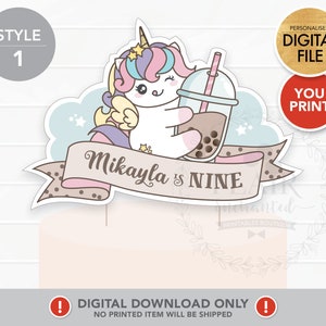 Unicorn Boba Bubble Milk Tea Personalized Cake Topper (Printable digital file only)