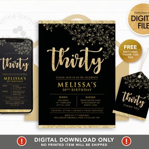 Milestone Age Birthday Invitation PRINTABLE, Black Rose Gold,  Personalized Birthday Invitation, 30th 40th 50th 60th 70th 80th birthday