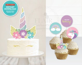 Printable Unicorn Party Kit | Cake Topper, Cupcake Topper, Favor Tag, Straw Flag