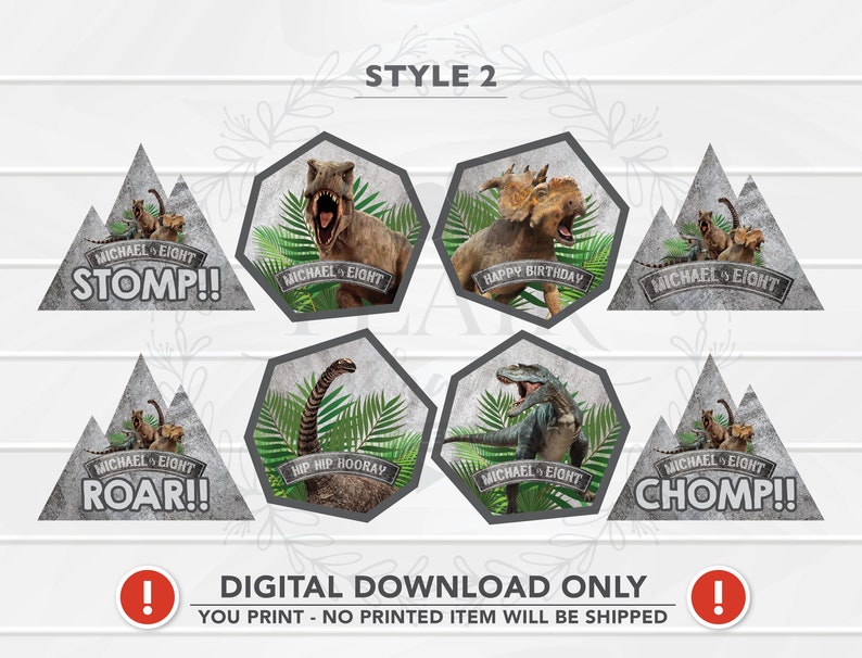 Dinosaur Cupcake Toppers PRINTABLE, Jurassic Cupcake Toppers, Dinosaur ...