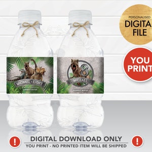 Könnte beinhalten: Druckbare Wasserflaschenetiketten mit Dinosaurier-Motiv. Die Etiketten sind für eine Geburtstagsfeier konzipiert und enthalten den Namen "Michael" und das Alter "Acht". Die Etiketten sind auf weißem Hintergrund mit grauer Steinstruktur gedruckt und zeigen eine grüne Dschungelszene mit Dinosauriern.