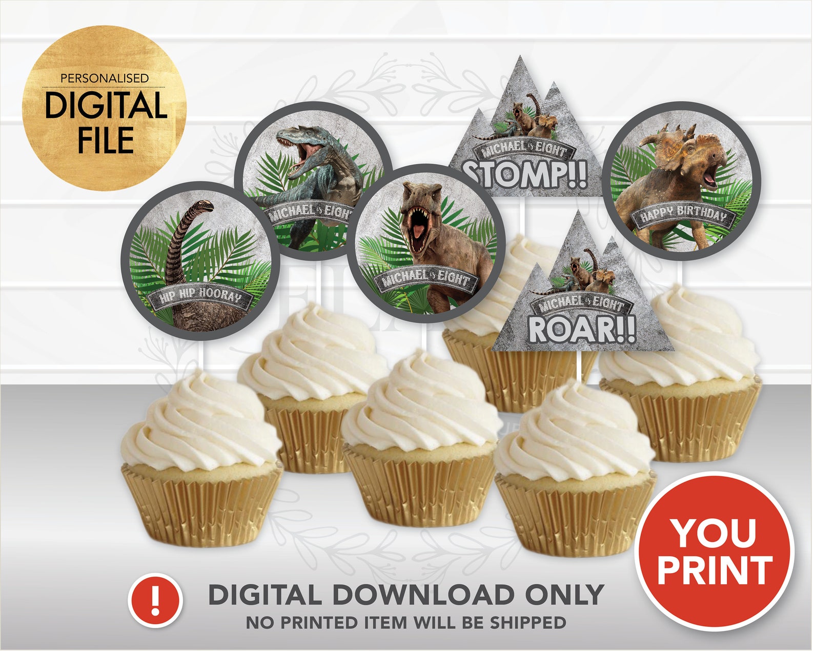 Dinosaur Cupcake Toppers PRINTABLE, Jurassic Cupcake Toppers, Dinosaur ...