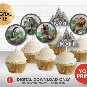 Dinosaur Cupcake Toppers PRINTABLE, Jurassic Cupcake Toppers, Dinosaur Birthday Cupcake, Personalized Dinosaur Jurassic Party Supply