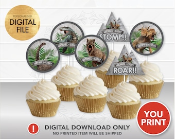 Dinosaur Cupcake Toppers PRINTABLE, Jurassic Cupcake Toppers, Dinosaur Birthday Cupcake, Personalized Dinosaur Jurassic Party Supply