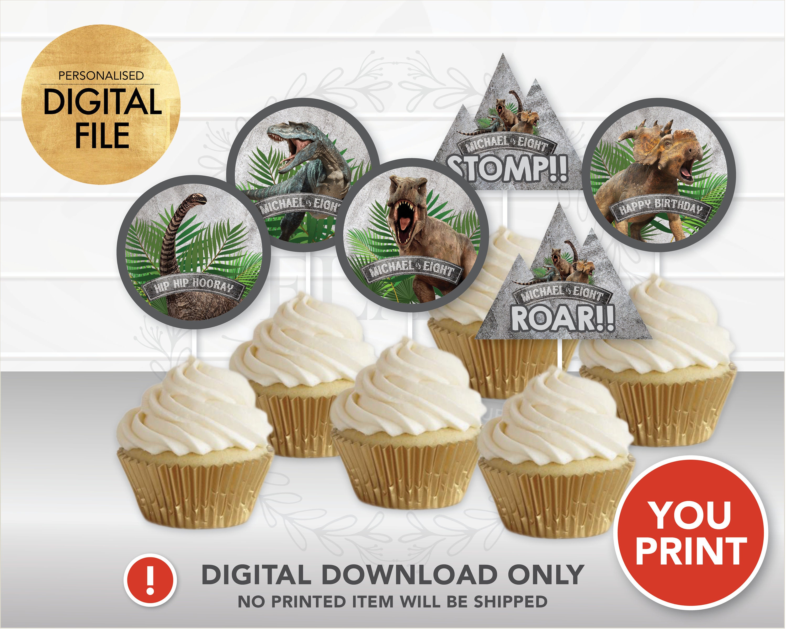 Dinosaur Cupcake Toppers PRINTABLE, Jurassic Cupcake Toppers, Dinosaur ...