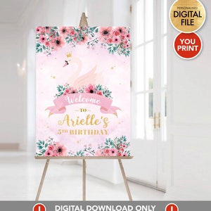 Cartel de cartel de bienvenida de princesa cisne imprimible, cartel de bienvenida personalizado cumpleaños Baby Shower, suministro de fiesta de princesa cisne
