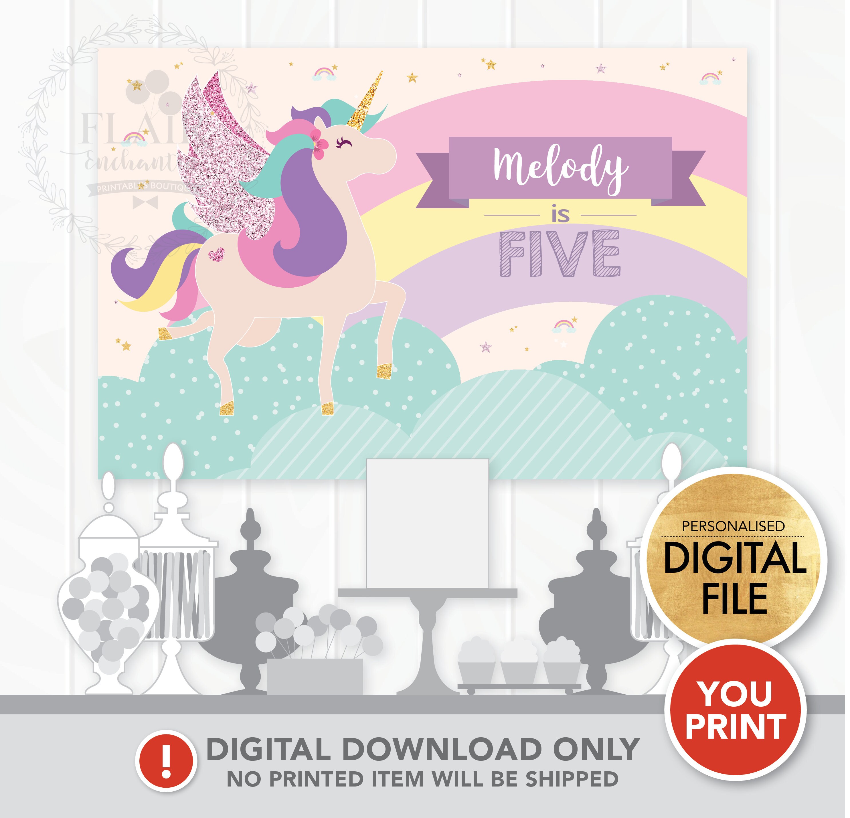 Poster con sfondo unicorno DIGITALE, decorazione per feste di compleanno, cartello unicorno, forniture personalizzate per feste unicorno