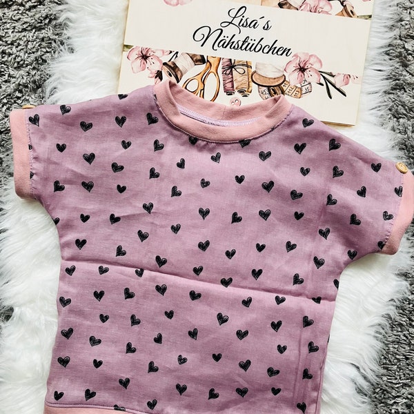 Musselin-Shirt „Herzen“ Gr. 86/92 neu Unikat handmade Mädchen Kinder nähen Musselin Baumwolle Bündchenware rosa