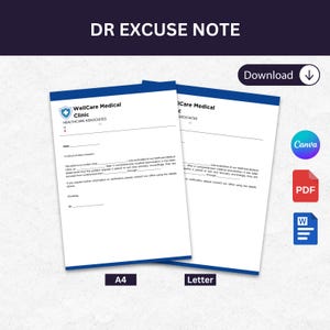 Puede incluir: Dos plantillas blancas de notas de excusa médica con bordes azules, etiquetadas como "A4" y "Letter". Las plantillas presentan el logotipo "WellCare Medical Clinic" y texto, con un botón "Descargar" e iconos de Canva, PDF y Word.