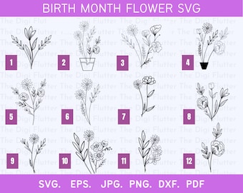 Birth Month Flower SVG Bundle: Floral Clipart (Digital Download)