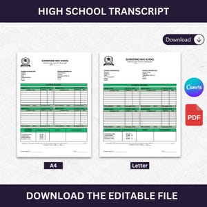 May include: Two high school transcript templates, one A4 and one Letter size, with the text "HIGH SCHOOL TRANSCRIPT" at the top. The templates include sections for student information and academic records. The image also includes a "Download" button.