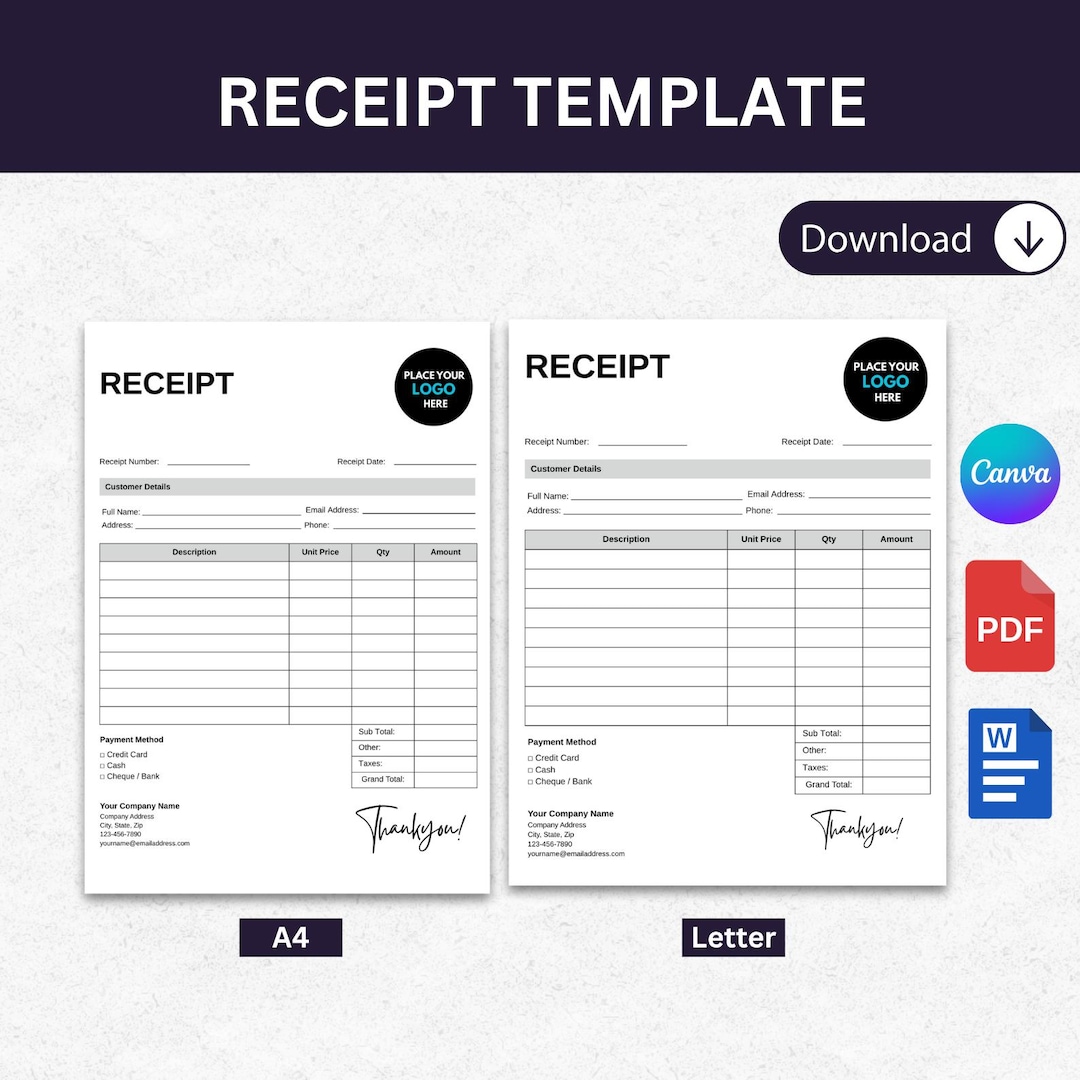 Editable Receipt Template for Small Business | Printable Receipt Form ...