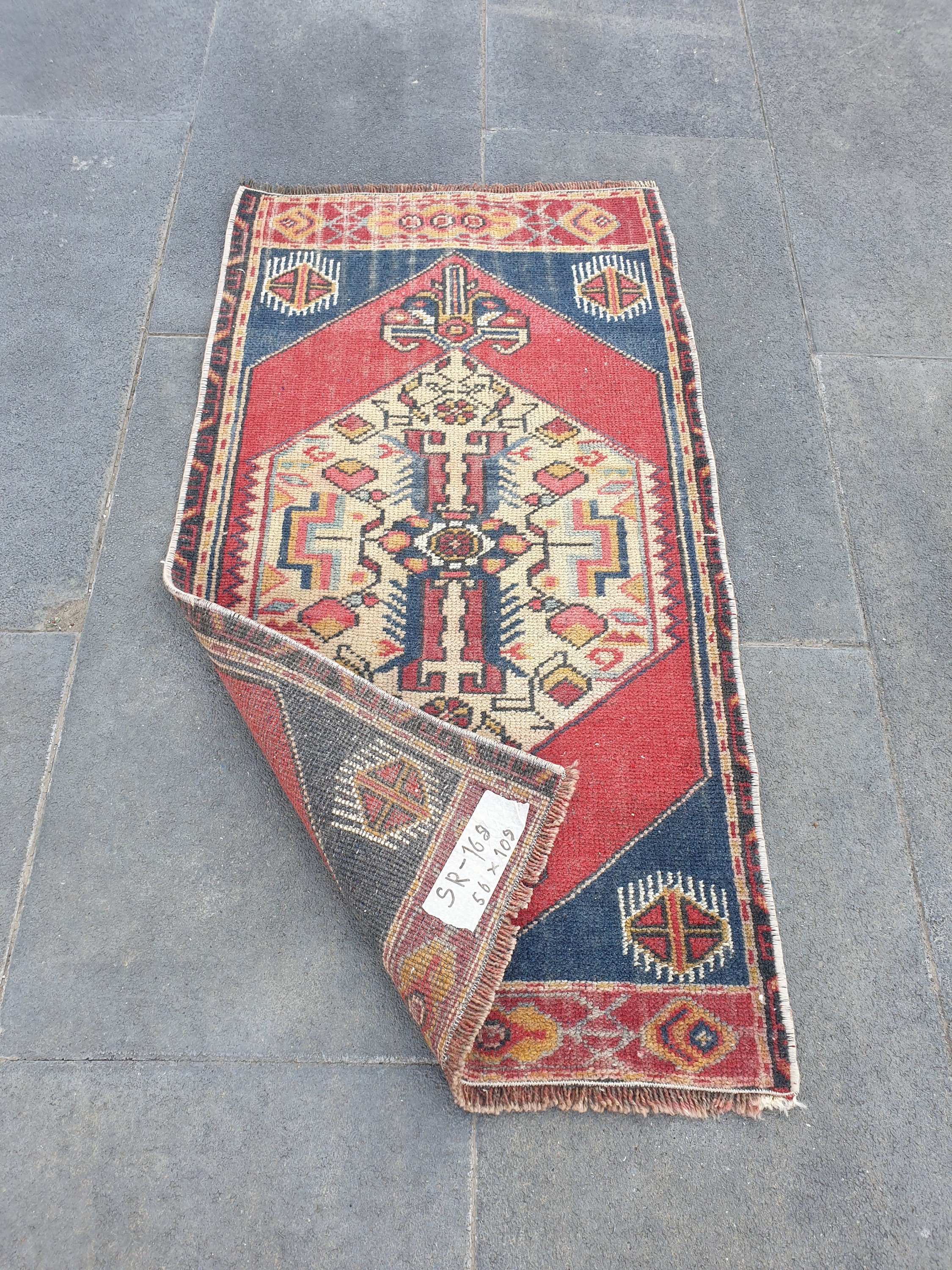 Small Handmade Rug 1.6 x 3.7 ft Small Vintage Rug Small Red Rug Small Oriental Rug Blue Door Mat Small Entry Rug Small Turkish Rug