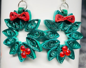 Handmade Paper Christmas Wreath Earrings | Lightweight Holiday Jewelry