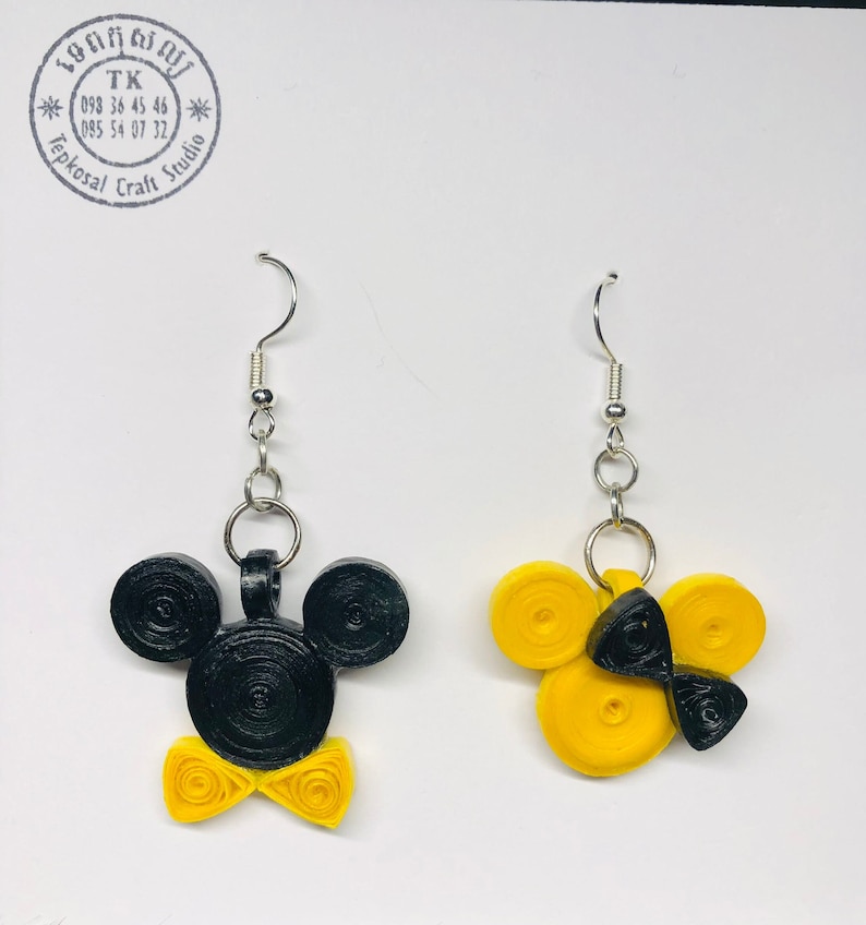 Mickey & Minnie Mouse Quilled Paper Earrings | Whimsical Disney Jewelry Yellow