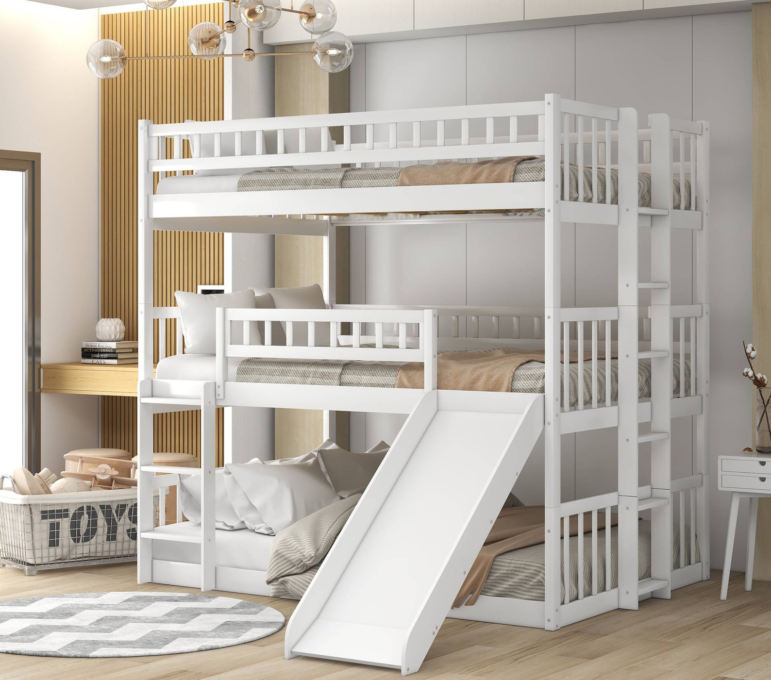 Triple Bunk Bed With Slide Wood Twin Over Twin Bunk Bed Loft Etsy