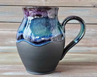 Matte Black /Northern light WHEEL-THROWN POTTERY Mug,  Pottery gift for Mom, Handmade pottery gift, Pottery Gift for Mom, Grandma Gift.