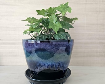 Northern Light Ceramic Planter with Saucer – Handmade Stoneware Plant Pot – Wheel Thrown Pottery Planter – Indoor Plant Pot