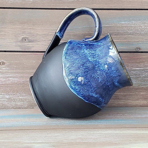 Matte Black/Blue, LARGE WHEEL THROWN Mug, Stoneware Coffee or Tea Mug, Handmade Ceramic Mug, Blue Ceramic Mug