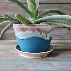 Handmade Pottery Planter with Saucer: Indoor Outdoor Herb Pot