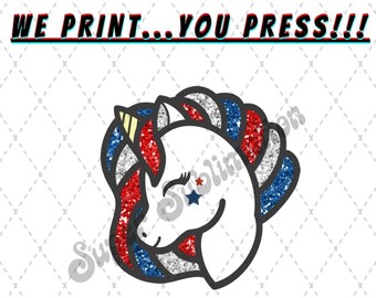 Unicorn Red White and Blue 'Glitter' Design READY TO PRESS Sublimation Heat Transfer Print-Great for T-shirts, Book Bags, Mouse Pads,