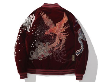 Japanese Yokosuka Dragon Embroidery Red Velvet Baseball Jacket For Men Casual Winter Coat