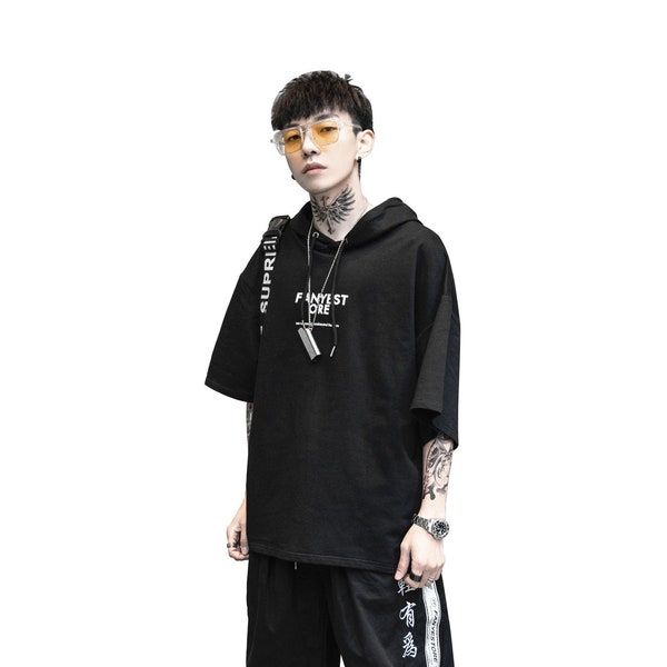 MFCT Men's Short Sleeve Graphic Hoodie - Drip Font Streetwear Pullover With Sleeve Straps