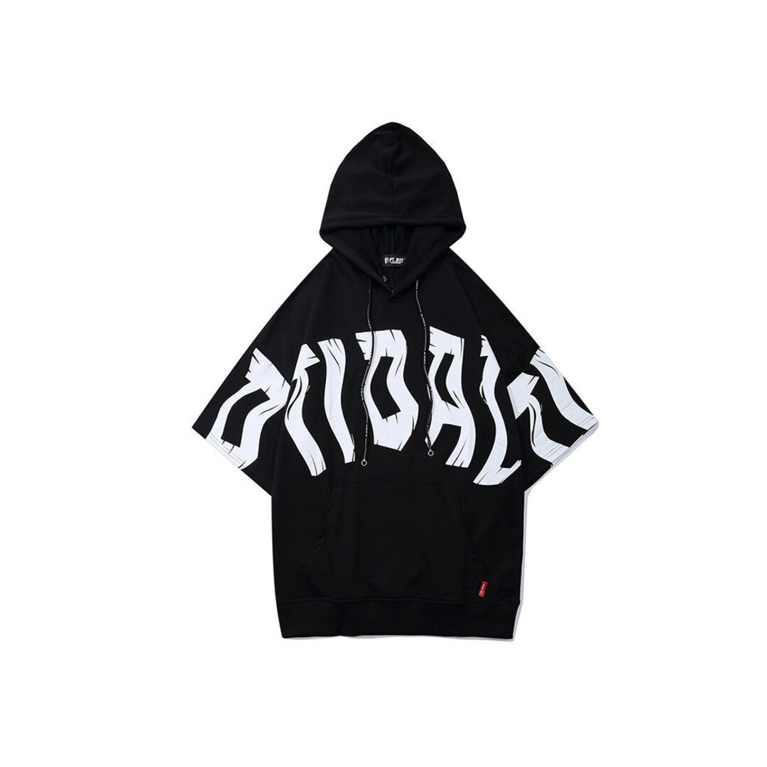 Streetwear Fashion Black Half Sleeve Hoodie Hip Hop Letter - Etsy