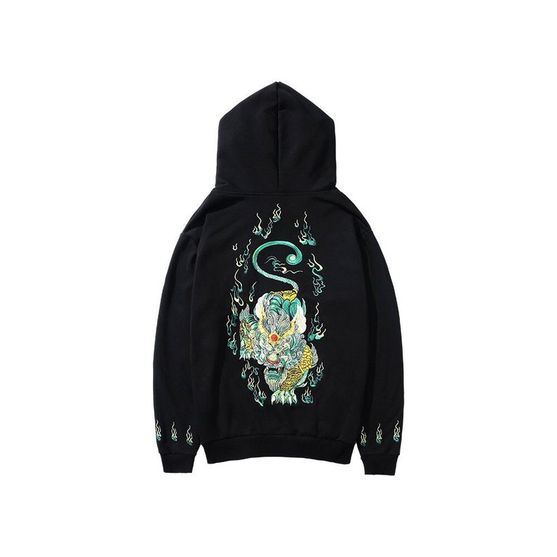 MFCT Japanese Streetwear Embroidery Kirin Hoodie For Men Urban Black Pullover Sweatshirt 