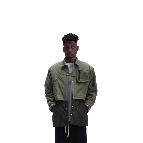 Casual Green Winter Cargo Jacket for Men Streetwear Fashion Snap Button Fleece Coat