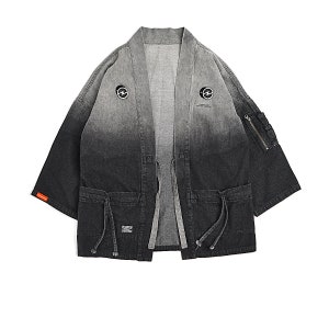 Japanese Samurai Cardigan Streetwear Dark Washed Denim Kimono - Etsy