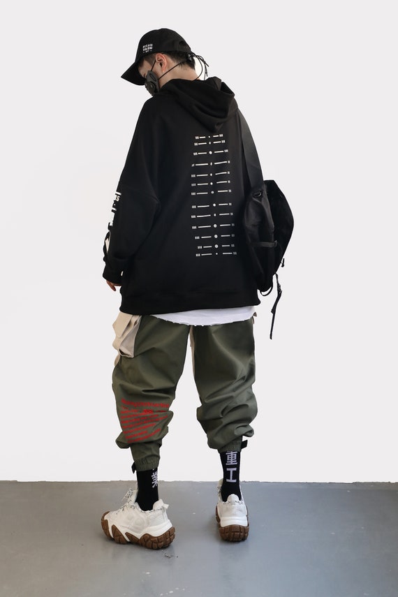 Niepce Streetwear Joggers Japanese Kanji Harajuku Embroidery Urban Multi-Pockets Relaxed Fit Sweatpants, Men's, Size: XL