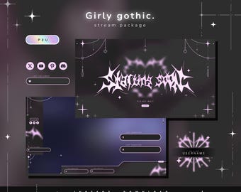 Estilo gótico feminino - Pacote para Twitch - Pacote de transmissões animadas - Cenas para transmissões - Sobreposições para Twitch - Telas animadas - Vtuber - Painéis para transmissões na Twitch
