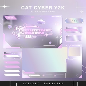 Cat cyber y2k - Twitch Pack - Animated Stream Pack - Streaming Scenes - Twitch overlays - Animated screens - Vtuber- Panels Twitch Stream