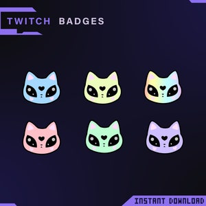 May include: A collection of six Twitch badges featuring stylized cat faces in pastel colors. Each cat has large eyes, a heart-shaped nose, and a small heart detail. The text "TWITCH BADGES" is at the top, and "INSTANT DOWNLOAD" is at the bottom.