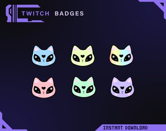 May include: A collection of six Twitch badges featuring stylized cat faces in pastel colors. Each cat has large eyes, a heart-shaped nose, and a small heart detail. The text "TWITCH BADGES" is at the top, and "INSTANT DOWNLOAD" is at the bottom.