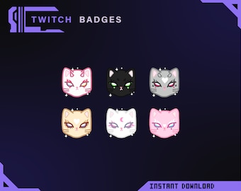 May include: Six different Twitch chat badges featuring cute cartoon cat faces with different colored fur and eyes. The cat faces are surrounded by sparkles. The text "TWITCH BADGES" is at the top of the image. The text "INSTANT DOWNLOAD" is at the bottom of the image.